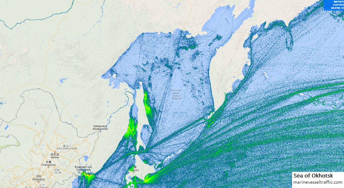Live Marine Traffic, Density Map and Current Position of ships in SEA OF OKHOTSK
